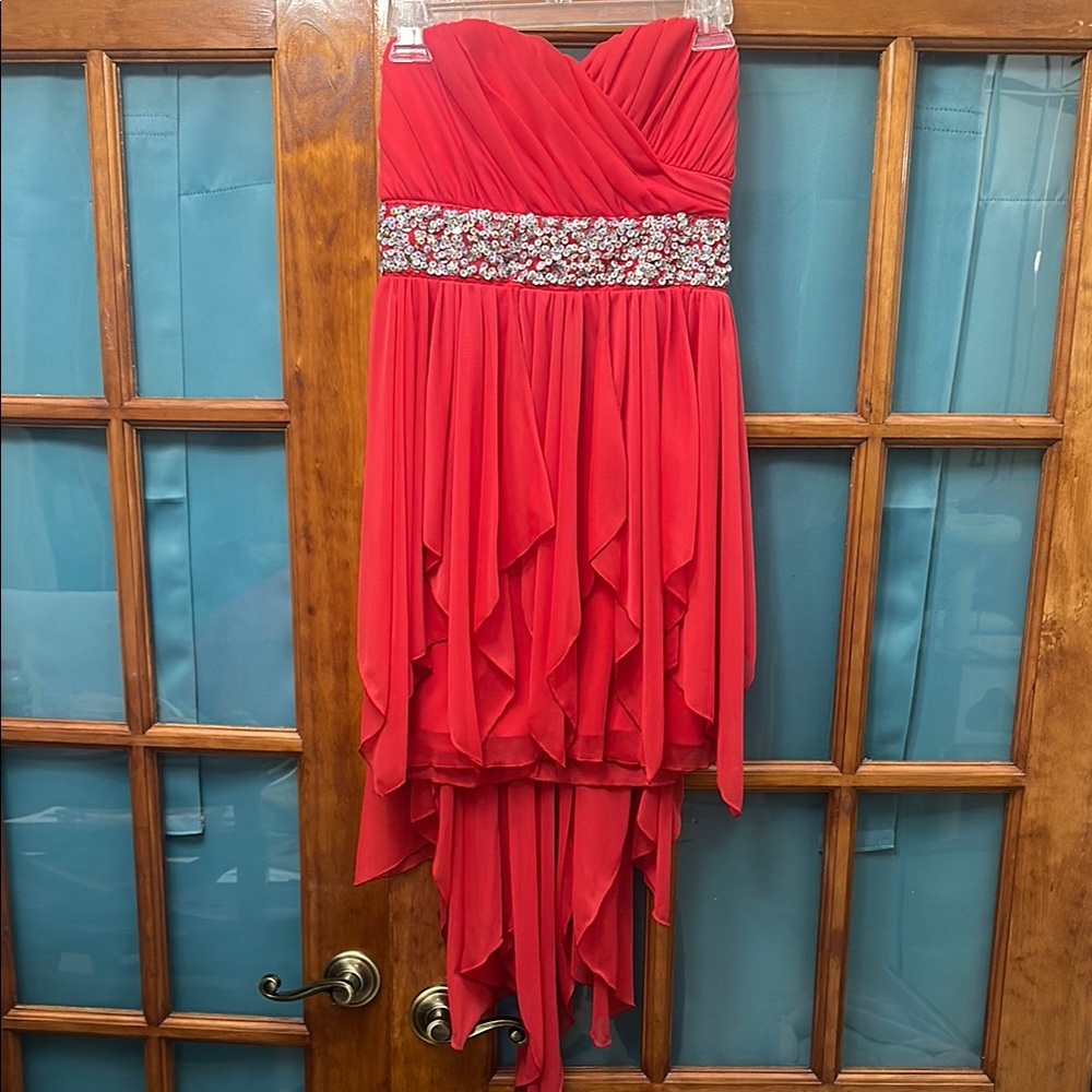 Strapless Red High-Low Dress with Embellished Waist